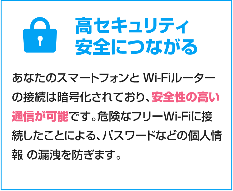 イモトのWiFiは高セキュリティで、安全につながります。あなたのスマートフォンとWi-Fiルーターの接続は暗号化されており、安全性の高い通信が可能です。危険なフリーWi-Fiに接続したことによる、パスワードなどの個人情報の漏洩を防ぎます。