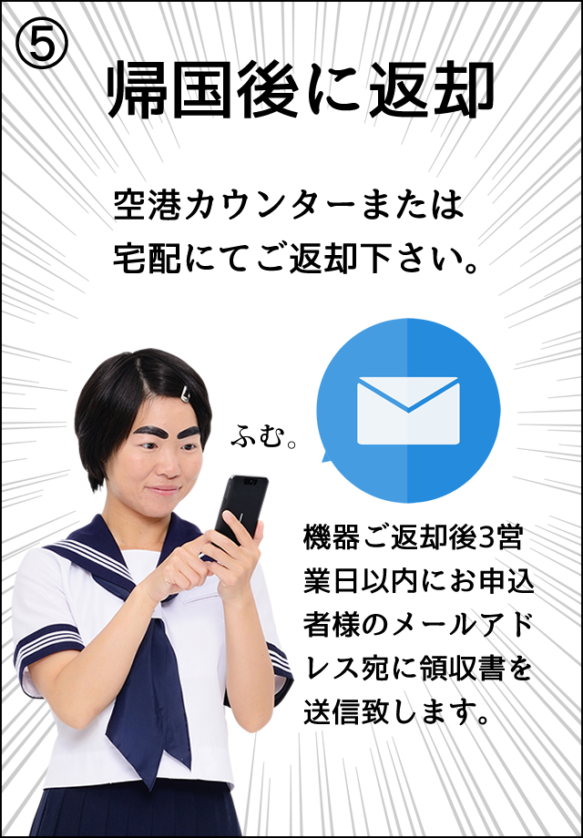 ⑤帰国後に返却 空港カウンターまたは宅配にてご返却下さい。機器ご返却後3営業日以内にお申込者様のメールアドレス宛に領収書を送信致します。