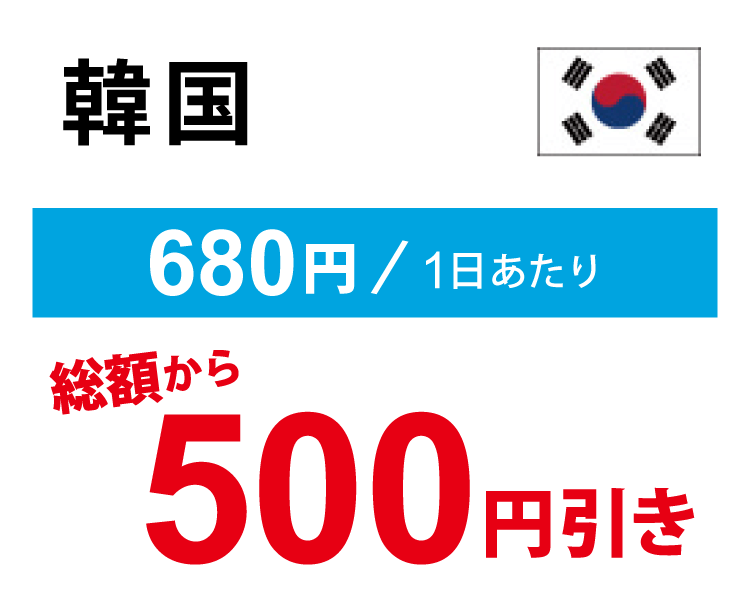 韓国なら1日あたり680円で今なら500円OFF。