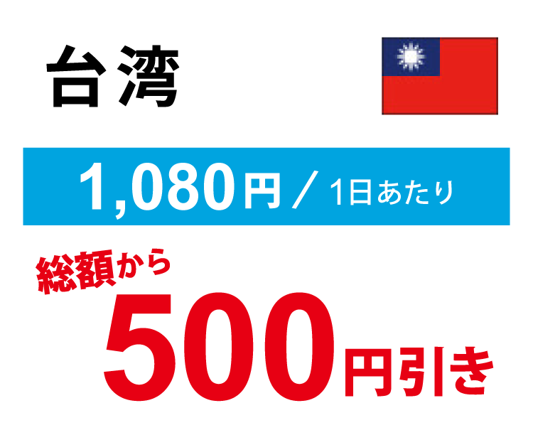 台湾なら1日あたり1,080円で今なら500円OFF。